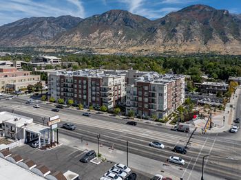 Side aerial view of street and buildings